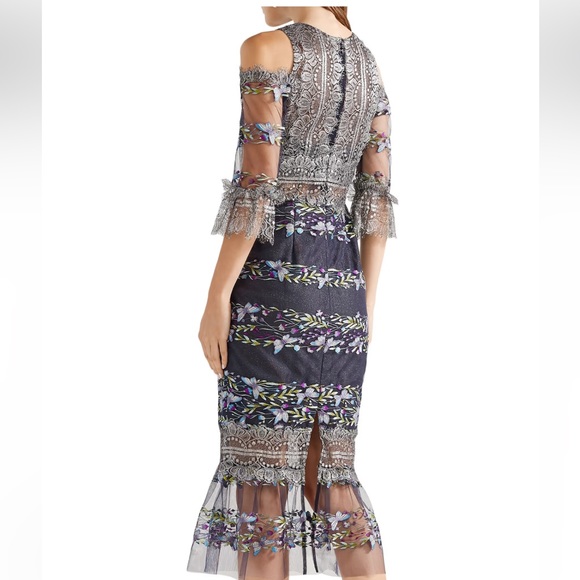 Marchesa Notte Cold-shoulder embroidered lace and tulle midi dress 12 NEW - Picture 4 of 12